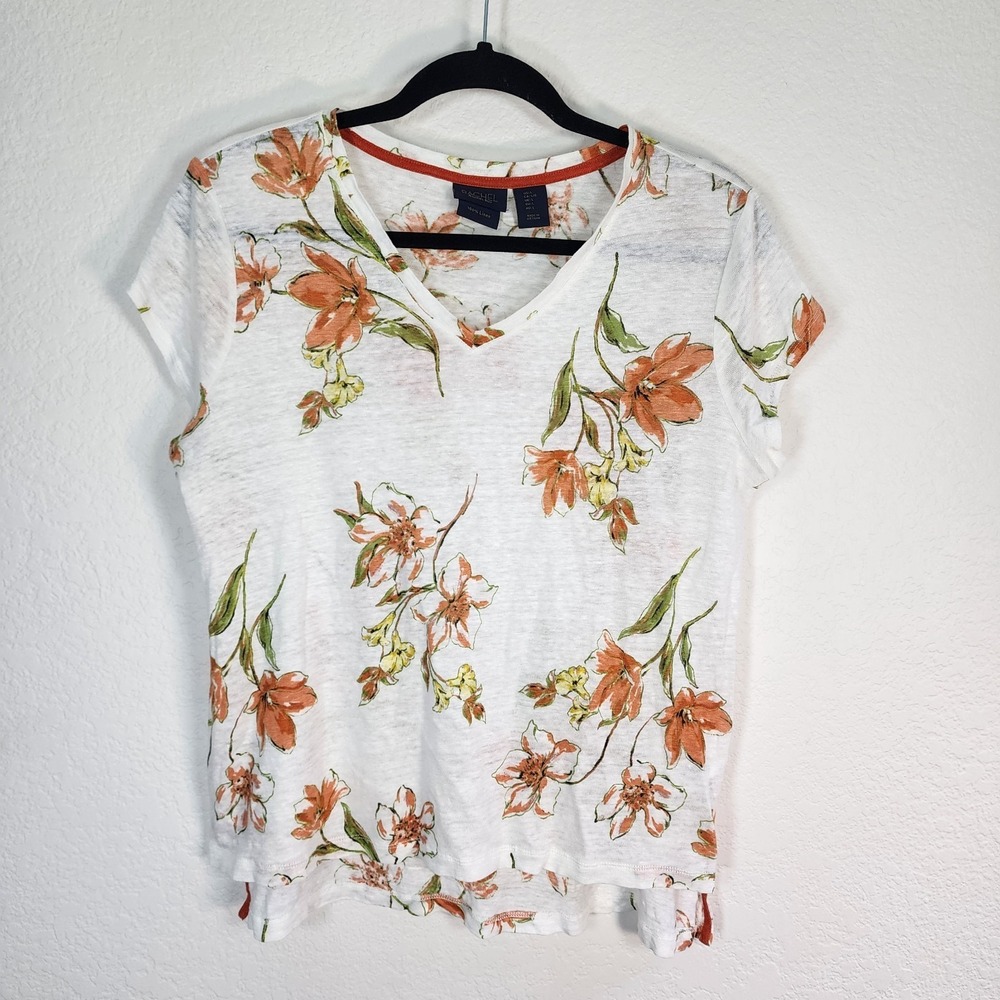 Rachel Roy White Orange Floral 100% Linen Shirt Sz L Beach Boho Preppy Summer
